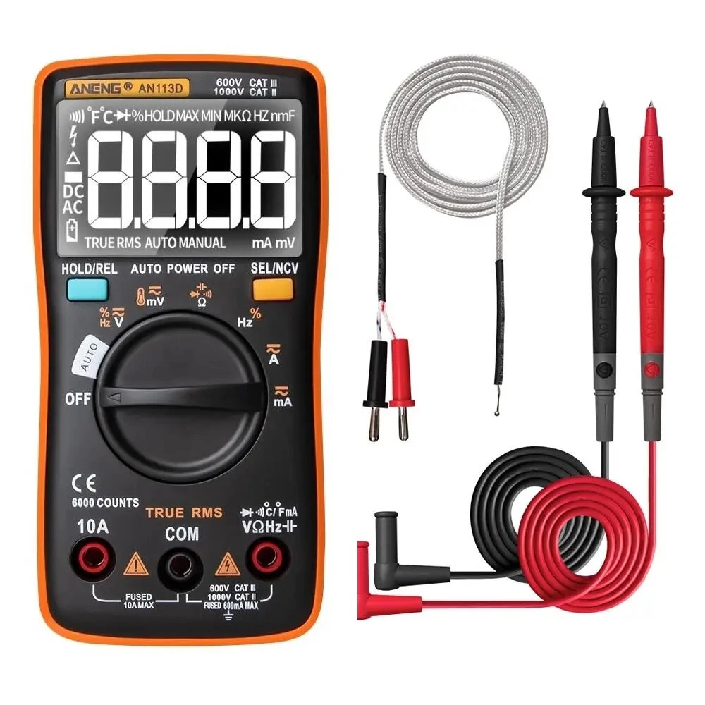 ANENG AN113D True-RMS Digital Multimeter - 6000 Counts, Temperature Tester, AC/DC Voltage