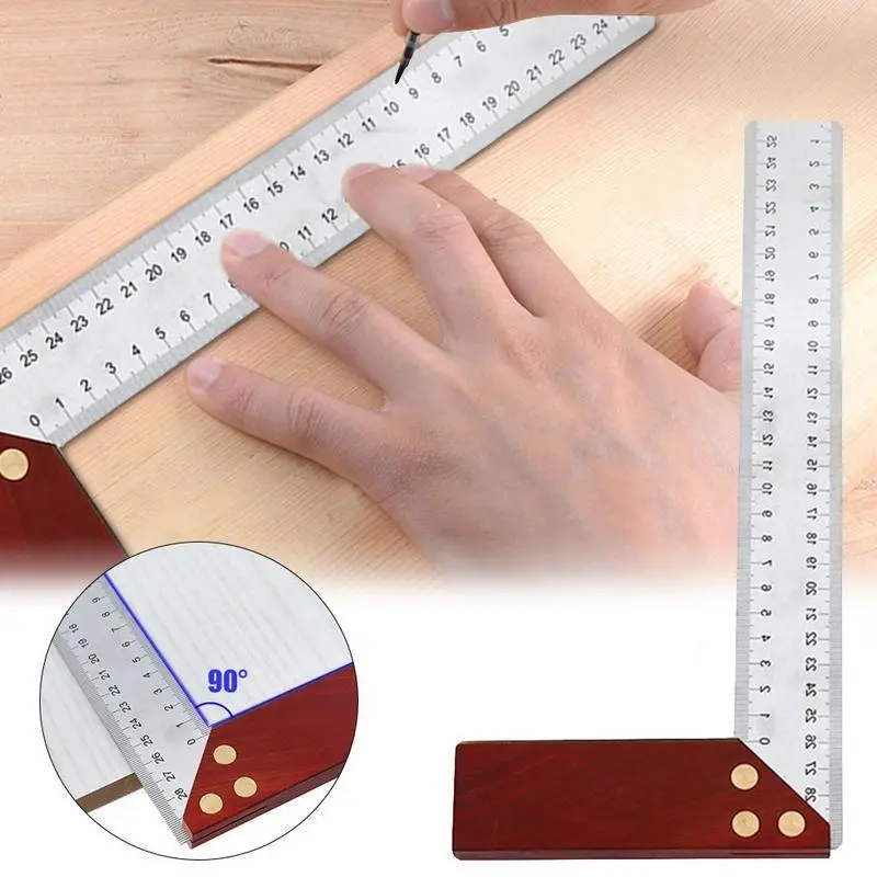 Mahogany Handle Stainless Steel Square Ruler Protractor - 300MM 90 Degree Tool