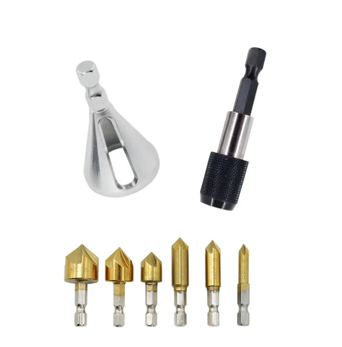 8Pcs Titanium Plated Hex Handle 5-Edge Chamfering Knife Set | Countersink Drill Bits