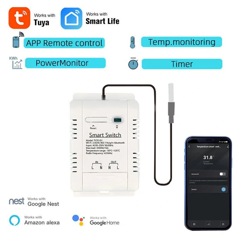 TYTHE-D1 Smart WiFi Switch - 20A Temperature Humidity Monitor | Remote Control & Real-Time Monitoring for Smart Home