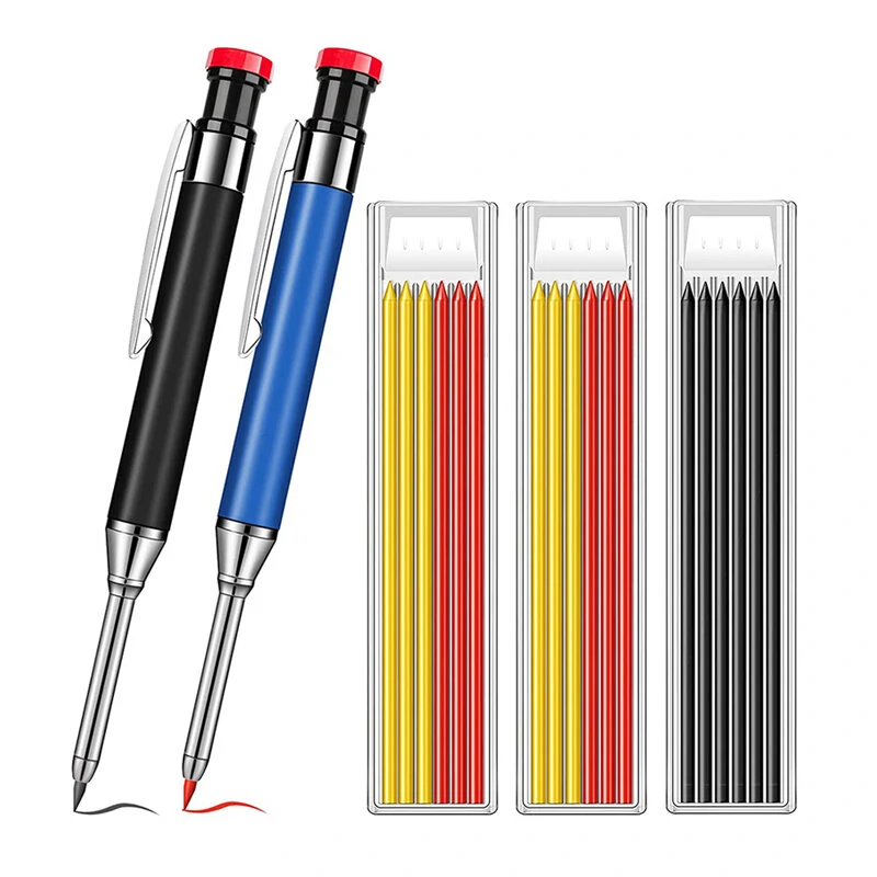 Metal Solid Carpenter Pencil Set - Deep Hole Marker with Refill Leads | Woodworking Tool