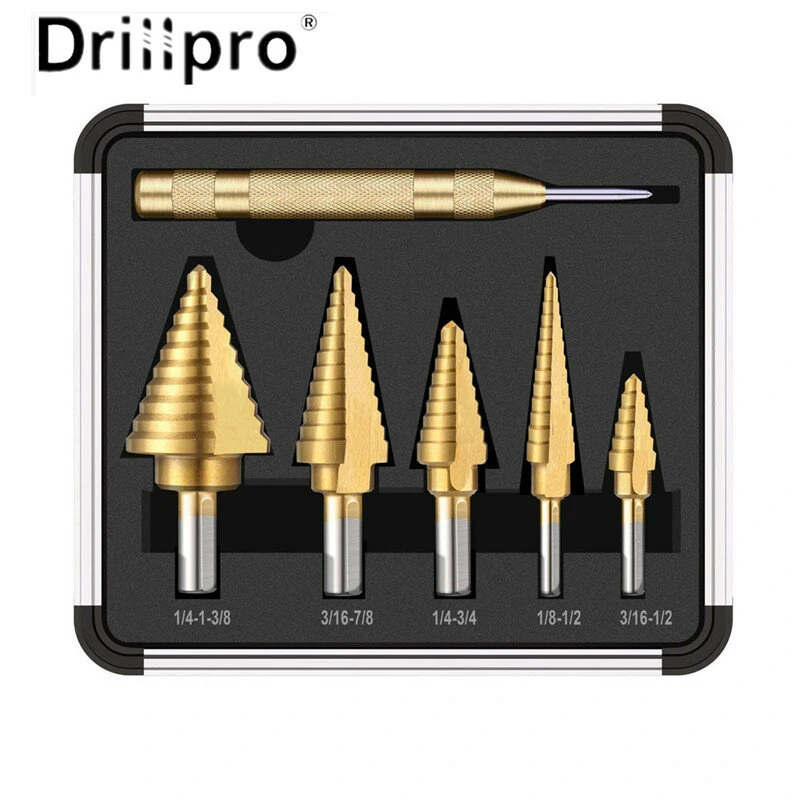 Drillpro 6PCS Titanium Step Drill Bit Set | 1/8 to 1-3/8 HSS | For Woodworking & Home Improvement