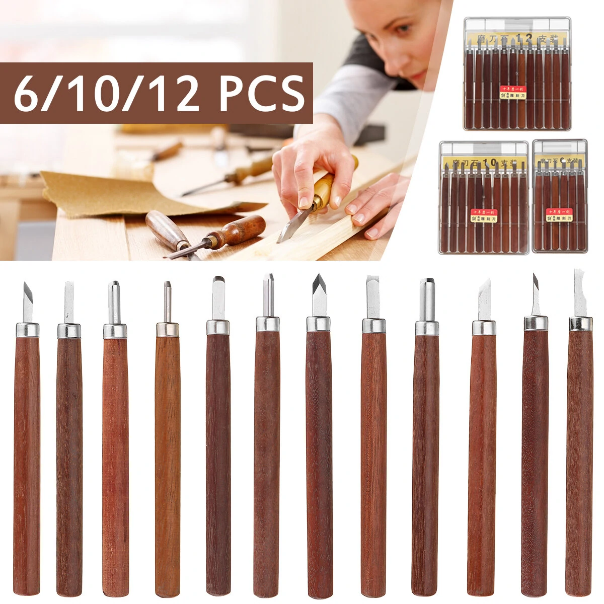 Wood Carving Chisels Set - 6 10 or 12 Pcs Hand Tools for Stone & Woodworking