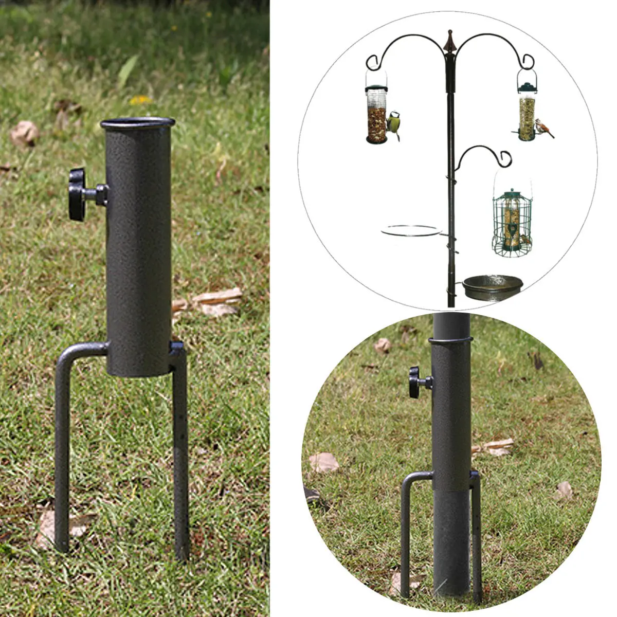 Bird Feeder Pole Stabilizer - Hanger Station with Ground Spikes & Feed Tube