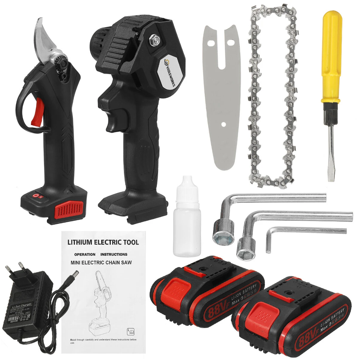 88VF Cordless Electric Chain Saw & Pruning Shears - 2-in-1 Tool with 2 Batteries