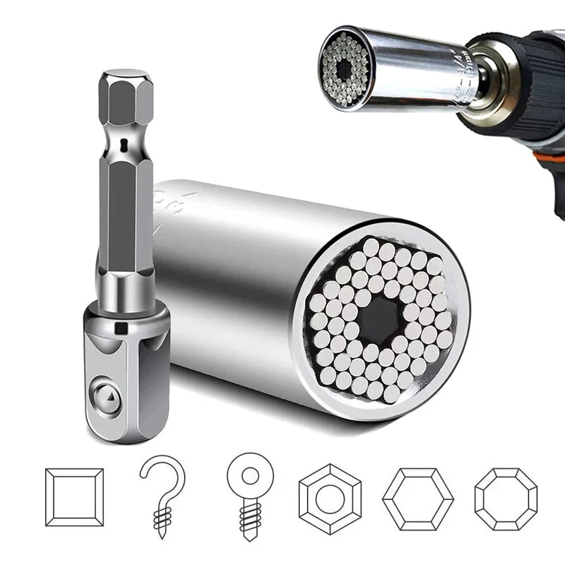 Universal Socket Adapter Set for Ratchet & Drill - Chrome Steel Fits 1/4-3/4 & 7mm-19mm Nuts