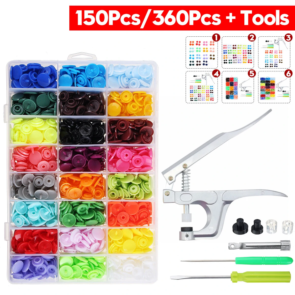 150Pcs Resin Plastic Buttons - 15 Colors with Press Pliers | Tools Kit