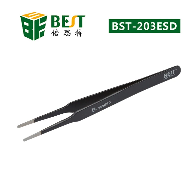 BEST 203esd Anti-static Tweezers - Flat-head Clip, Acid-resistant & Toughened