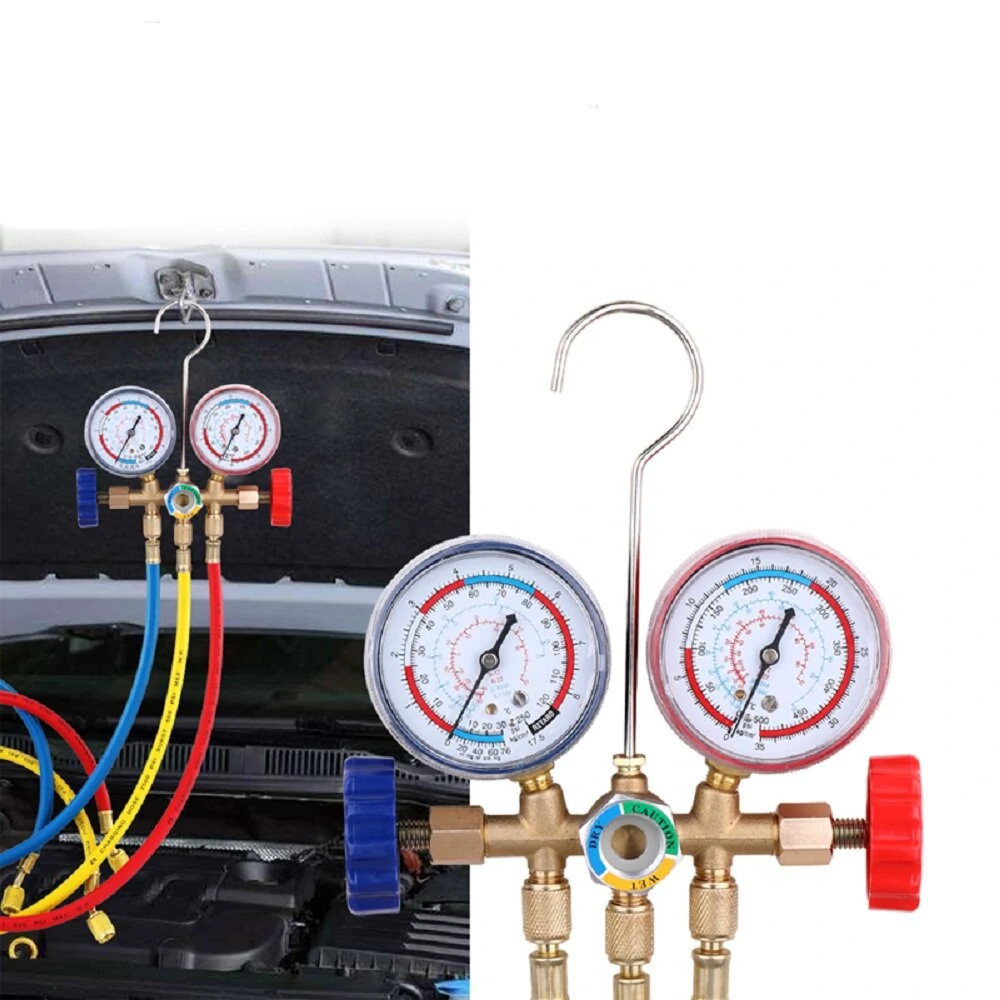R12 R22 R404A R134A Refrigerant Manifold Gauge Set | AC HVAC Tools with Hose & Hook