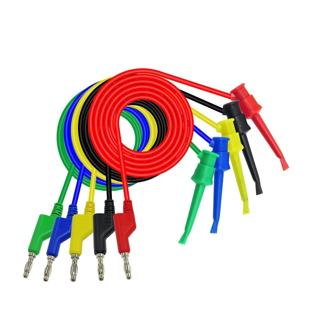 Cleqee P1045 5pcs 1M Test Leads | 4mm Stackable Banana Plug to Test Clip | Durable Multimeter Cables