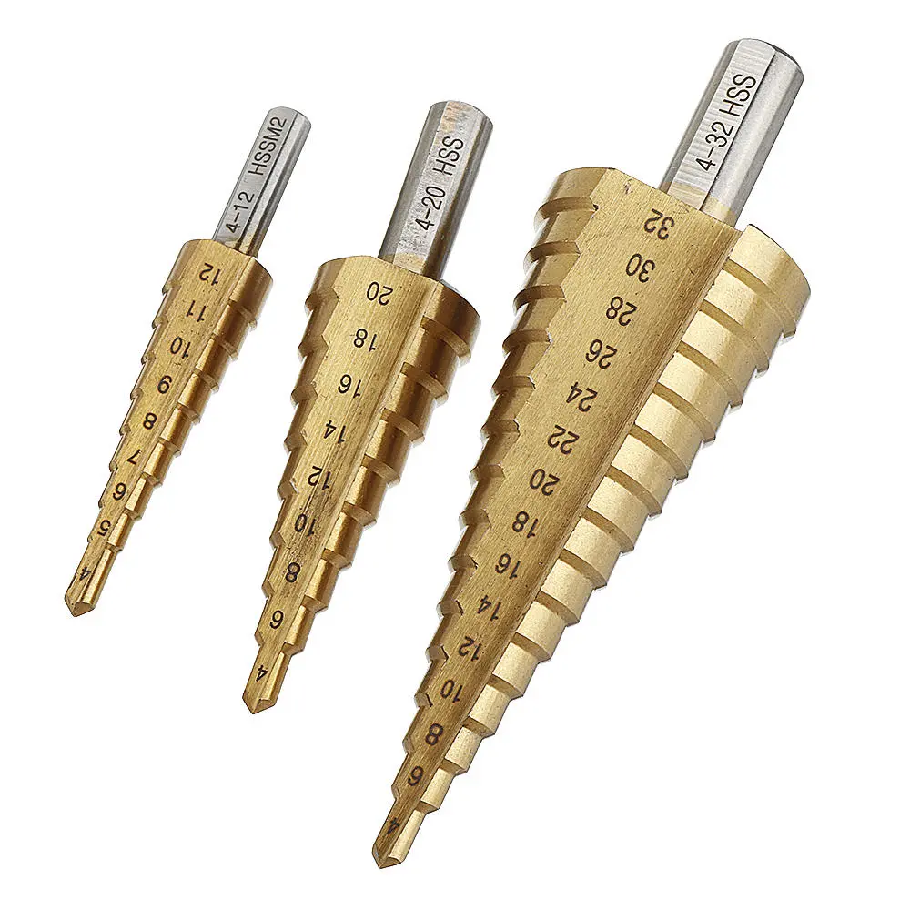 Drillpro HSS 6542 Titanium Coated Step Drill Bit | 4-12/20/32mm Triangle Shank
