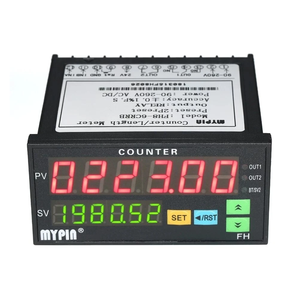 Multi-functional Dual LED Display Digital Counter - 90~265V AC/DC Length Meter with 2 Relay Output