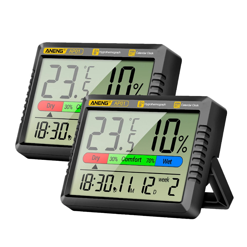 ANENG AP01 Hygrometer Clock - LCD Display Temperature & Humidity | Snooze Mode & Hourly Reminder for Home Office