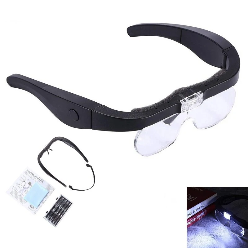 Head Mount Magnifier Glasses - 1.5X to 5X Magnification | USB Rechargeable with 2 LED Lights