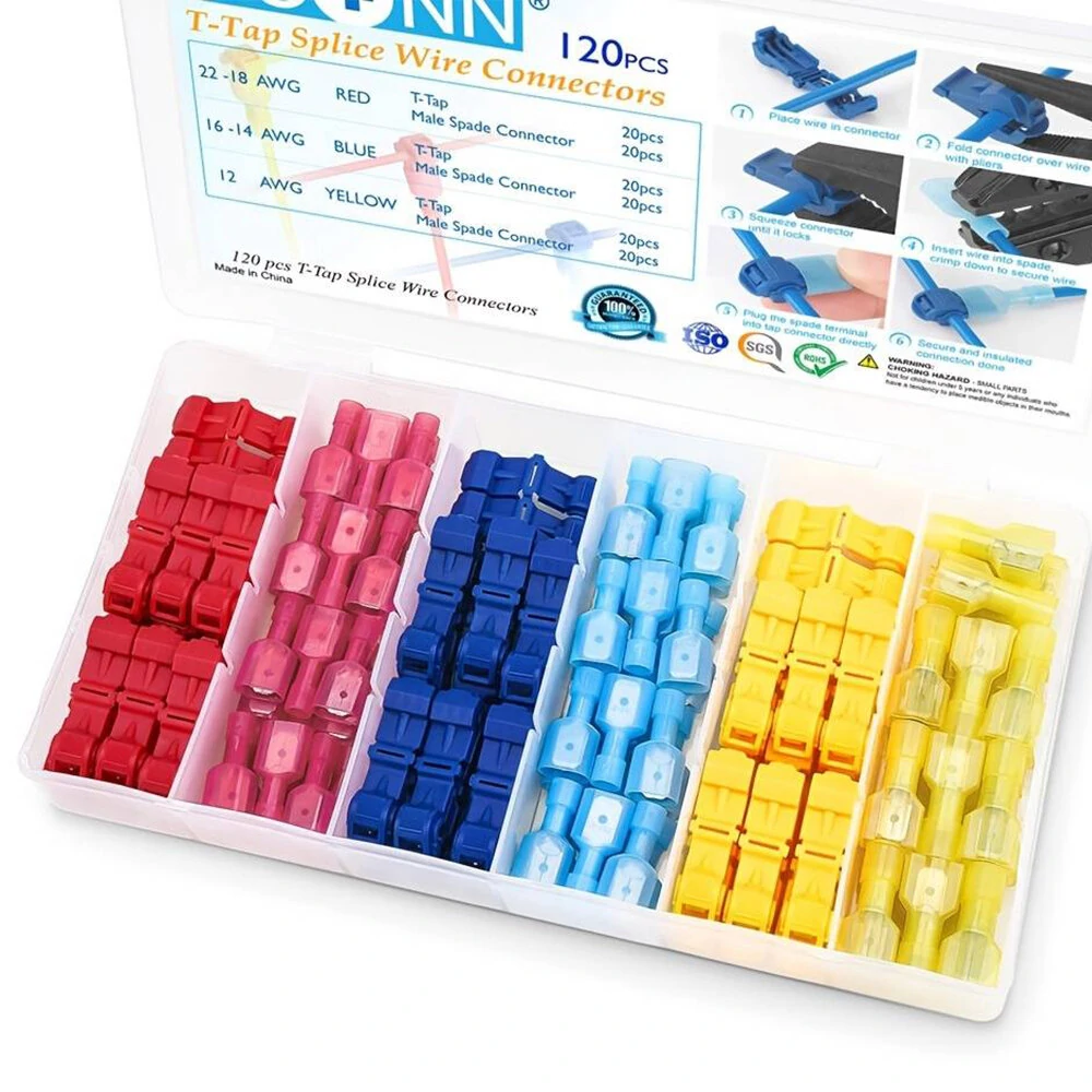 Gardner Bender 120pc T-Tap Wire Connector Kit - Self-Stripping Quick Splice | Insulated Spade Terminals with Case