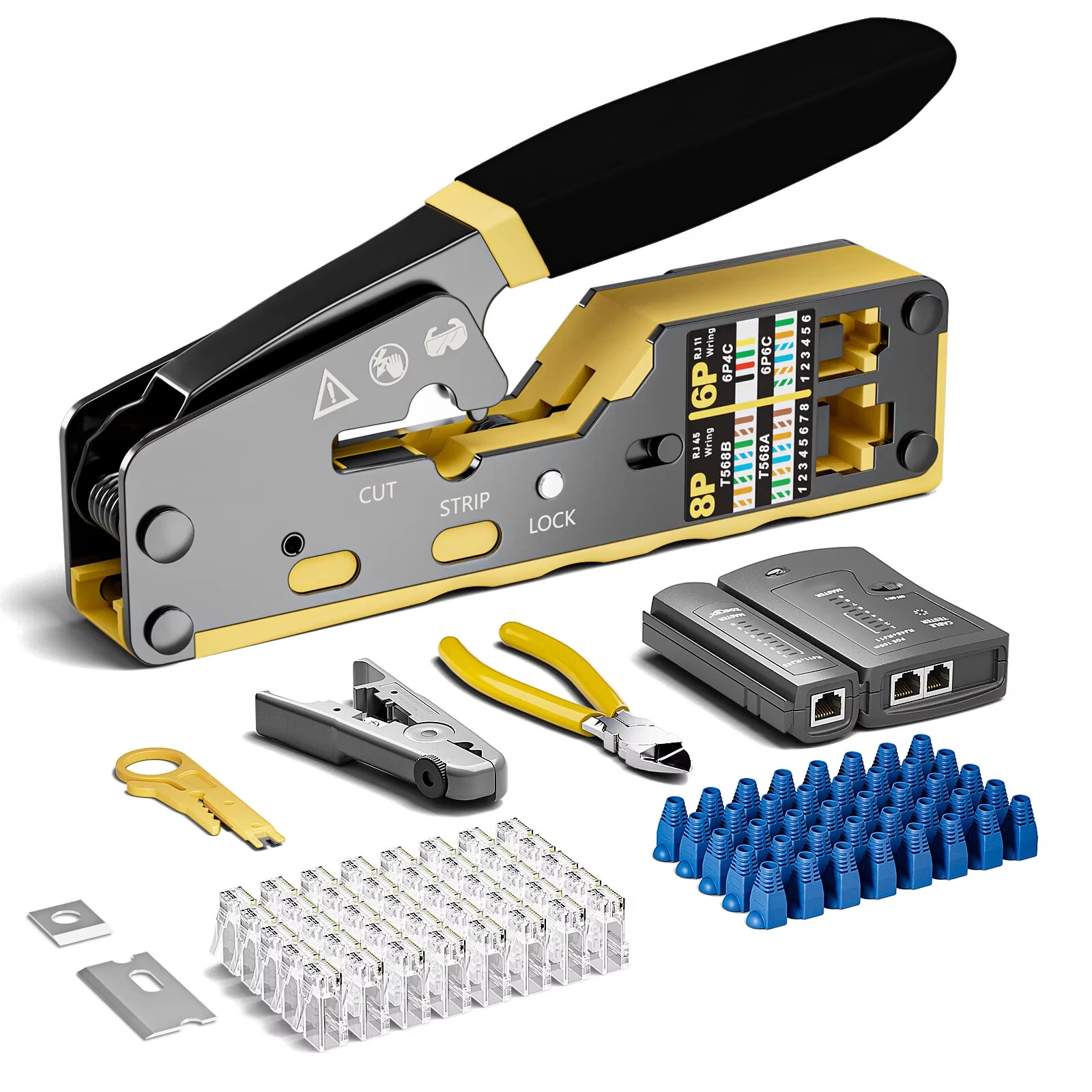 RJ45 Crimp Tool Kit - Cat6 Cat5e Network Cable Tester | Pass Through Connectors & Wire Cutter