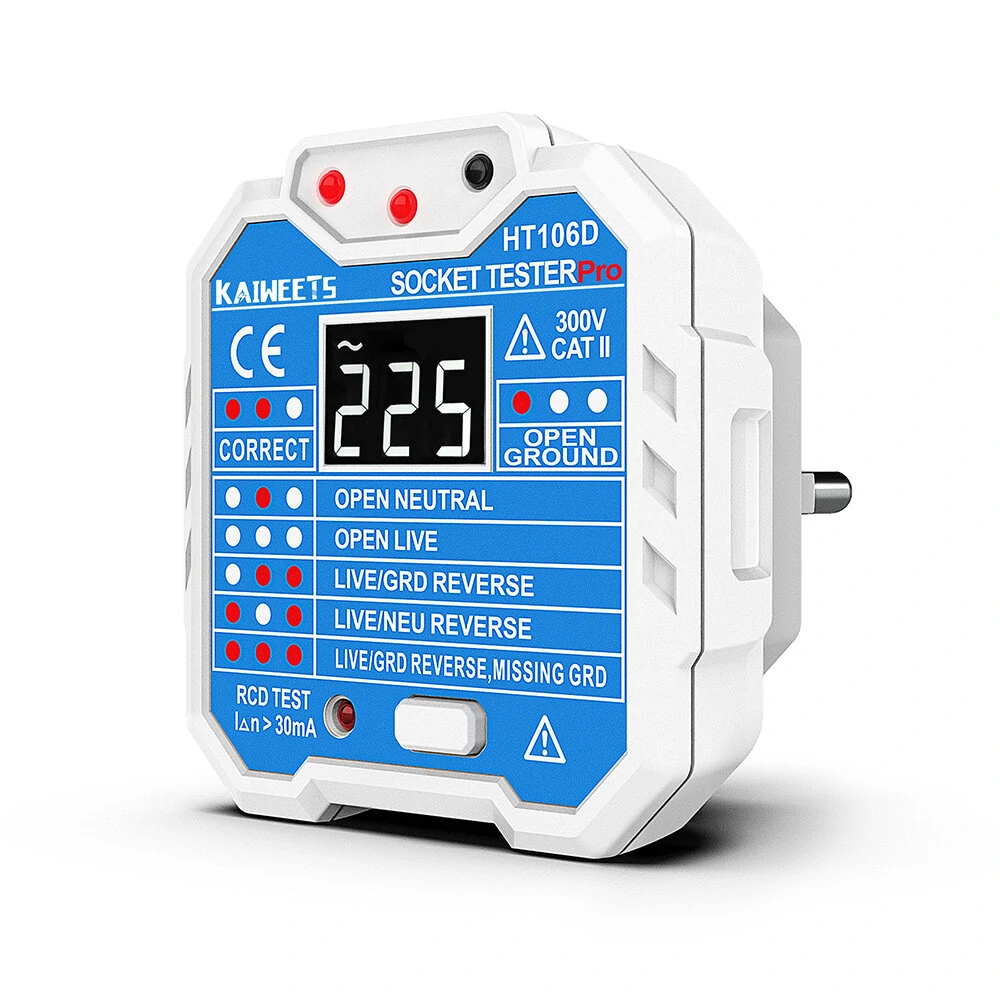 KAIWEETS HT106D GFCI Outlet Tester - Voltage Display EU Plug CAT III 300V