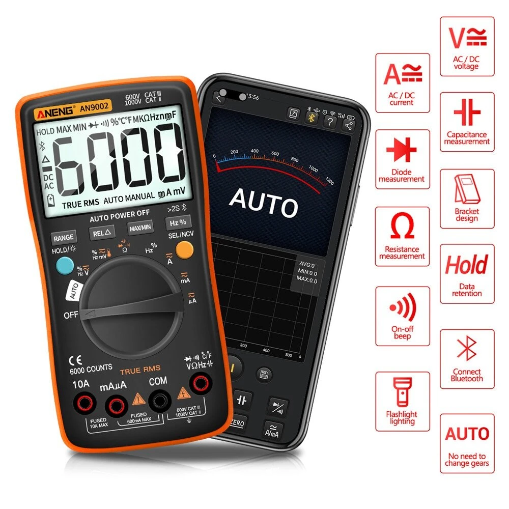 ANENG AN9002 Digital Multimeter - 6000 Count True RMS | Bluetooth & Auto-Ranging