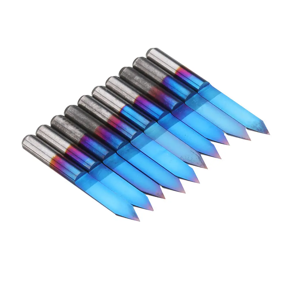 Drillpro 10pcs PCB Engraving Bits - 0.1-0.5mm 45° Flat Bottom - Blue NANO Coated Carbide