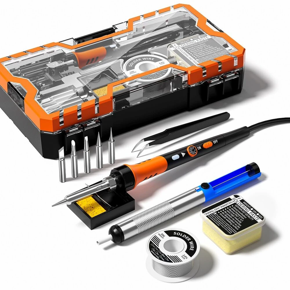 Premium 60W Adjustable Temp Soldering Iron Kit 200-450°C | Ceramic Heater with Solder Tips, Wire & Pump