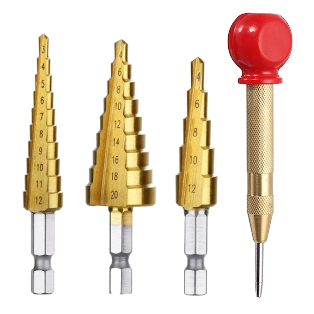 4-Piece Step Drill Set - 6mm Capped Punch & 3 HSS Hex Shank Drills