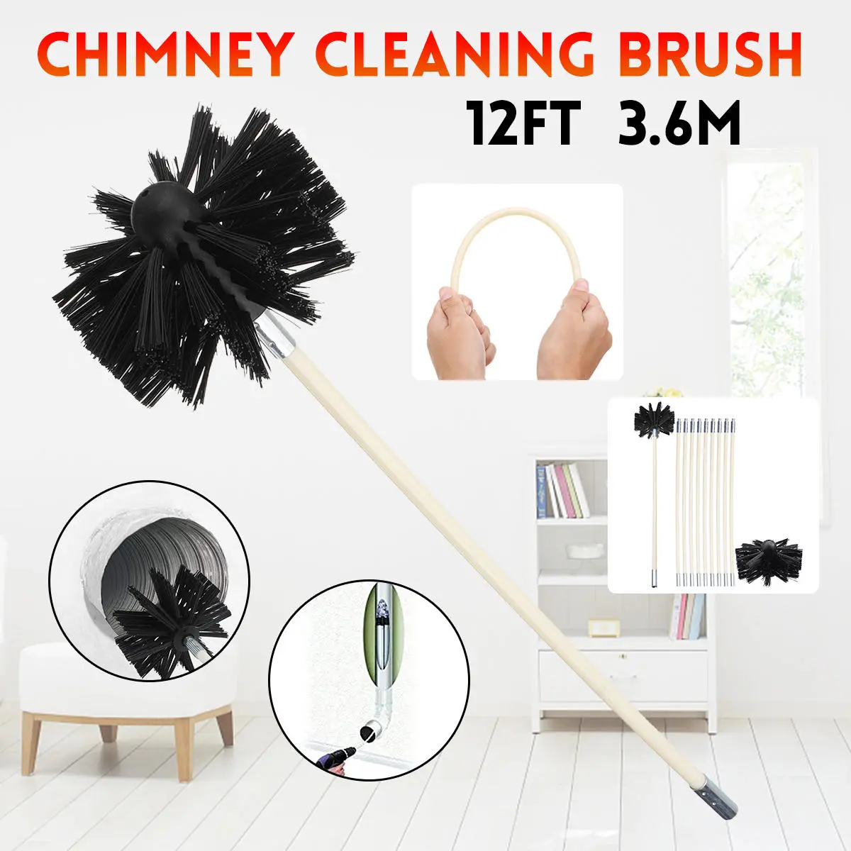 Drill Chimney Cleaning Brush - Rotary Sweep System with Flexible Rod for Fireplace