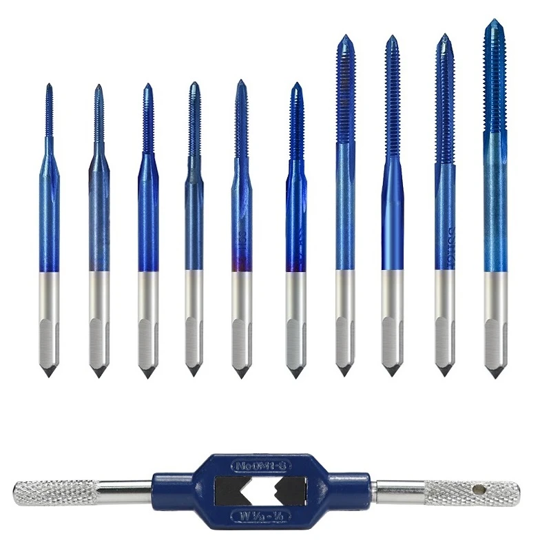 Drillpro 11Pcs HSS Metric Tap Set M1-M3.5 | Blue Nano Thread & Adjustable Wrench