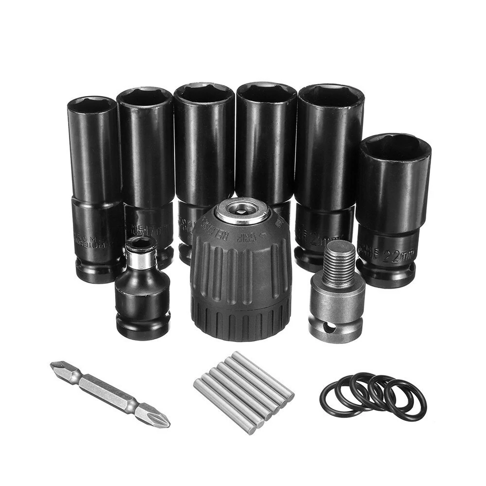 Drillpro 10pc 1/2 Inch Impact Socket Set | Metric Drill Chuck Adapter