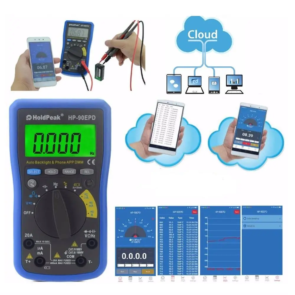 HoldPeak HP-90EPD Multimeter True RMS 4000 Counts Auto Range AC DC Voltage Current Resistance Capacitance Frequency Backlight