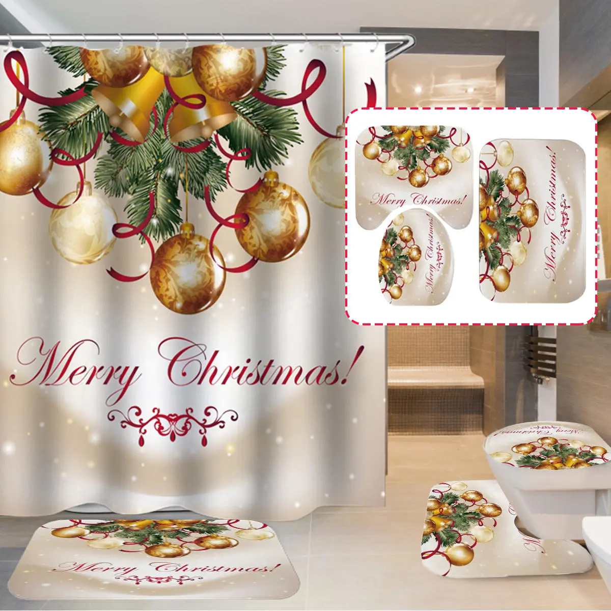 Merry Christmas Bath Shower Curtain Set - 180x180cm Waterproof & Non-Slip Mat