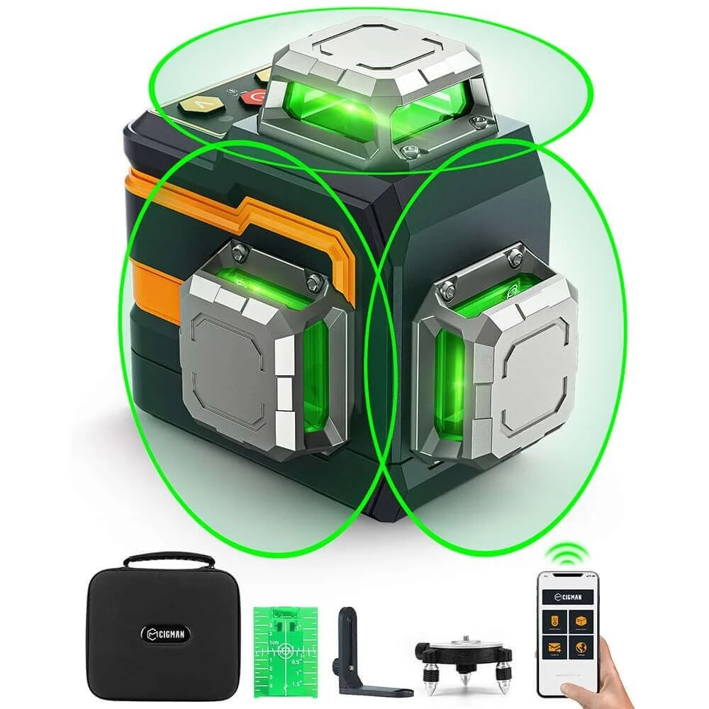 CIGMAN CM-S01 Green Laser Level - 3x360° Self-Leveling - 12 Lines & App Control
