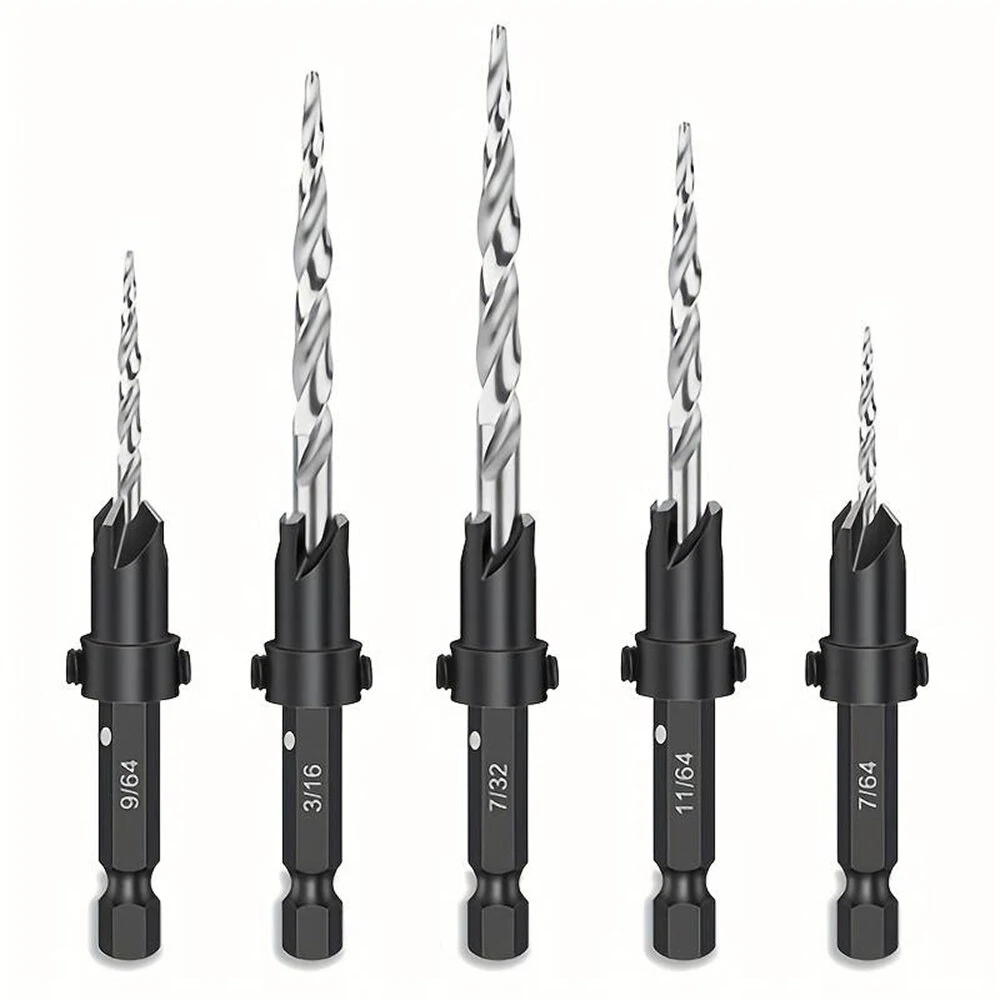 5PCS HSS Countersink Bit Set - Woodworking Conical Countersink with Hex Wrench