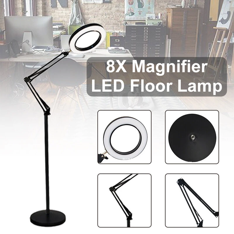 8X Magnifier LED Floor Lamp - Long Arm Folding Design with 6 Ring & USB