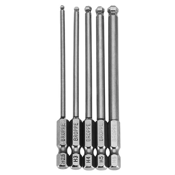 Broppe 5pcs Magnetic Ball Screwdriver Bits - 2.5 to 6mm Sizes | 100mm 1/4 Inch Hex