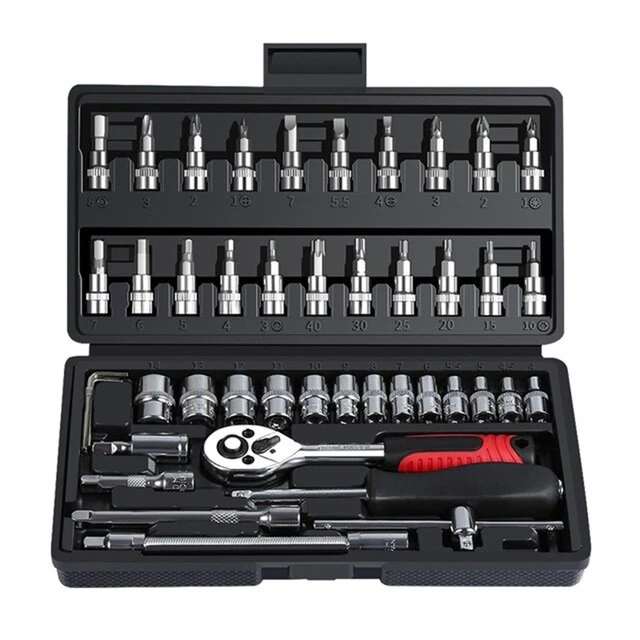 46PCS Universal Car Repair Tool Set - Ratchet & Torque Wrench with Bits & Keys