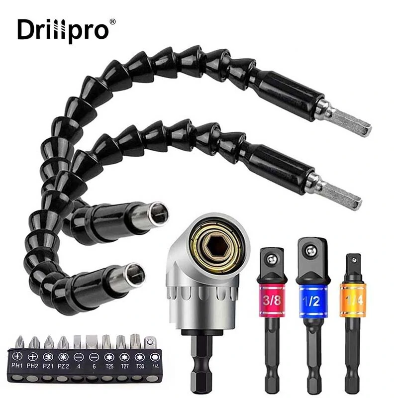 Drillpro 16Pc Flexible Drill Bit Extension Set - Hex Shank Nut Driver & Right Angle Adapter