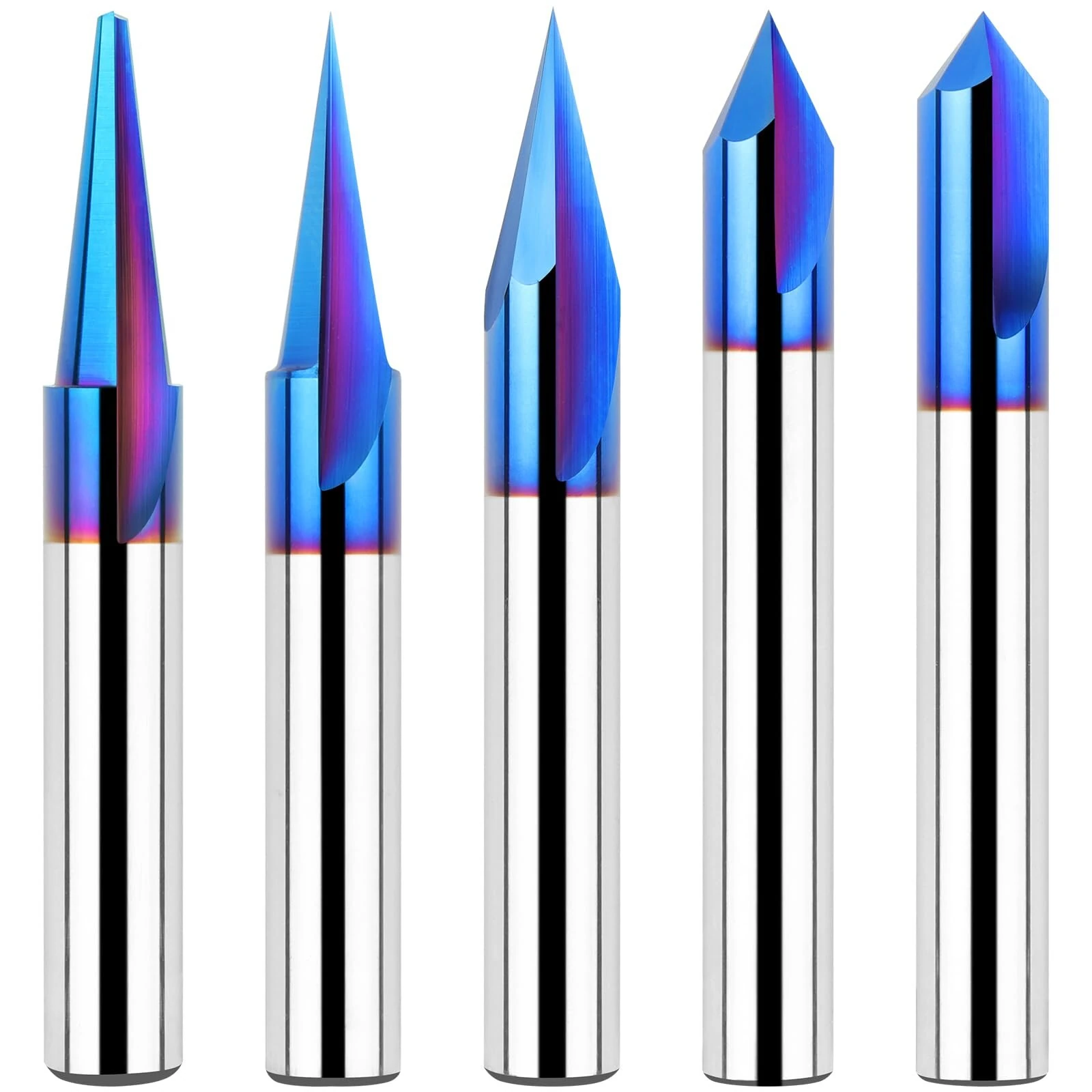 Whiteside Router Bits 1/4 Inch Shank CNC V-Bit Set | 15 30 60 90 Degree | 2 Flute Nano Blue Coating
