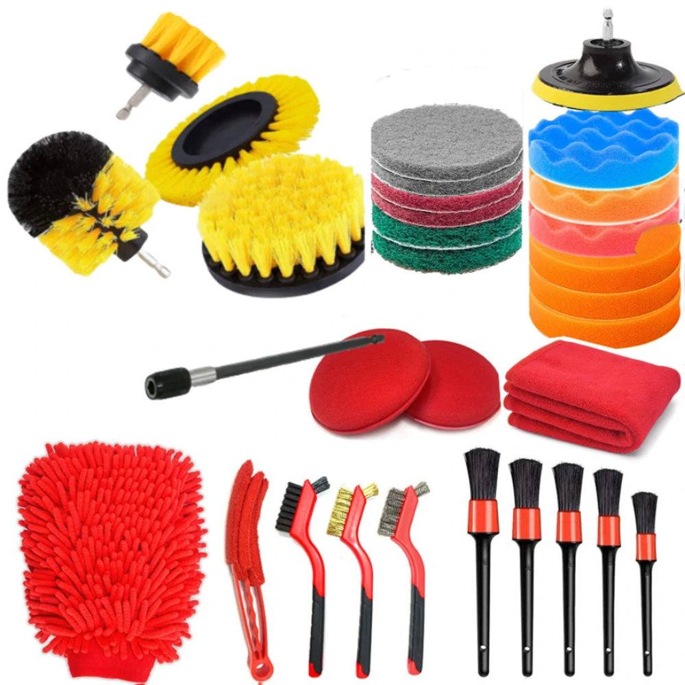 31pcs Car Wash Tools Set - Electric Drill Brush, Tire & Cleaning Brushes