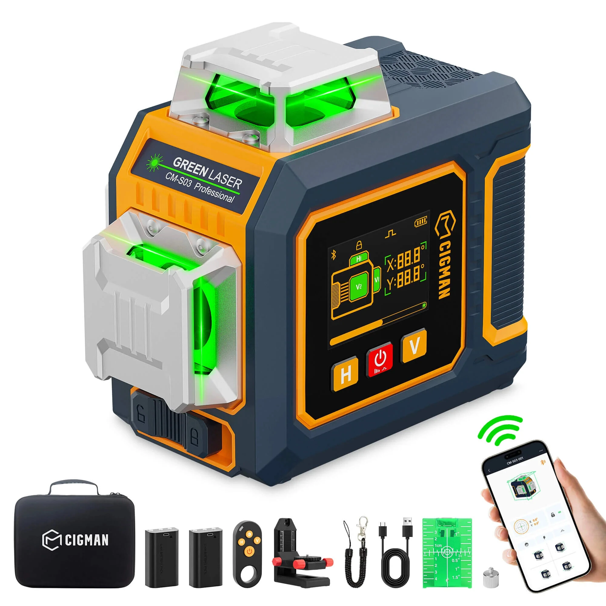 CIGMAN CM-S03 Laser Level - 12 Green Lines 3x360° - Self-Leveling IP54