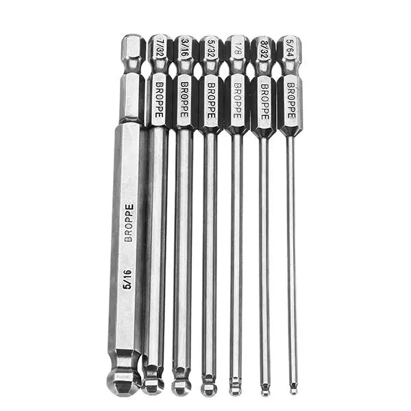 Broppe 7pc SAE 5/64-5/16 100mm Magnetic Ball Bit 1/4 Hex Shank
