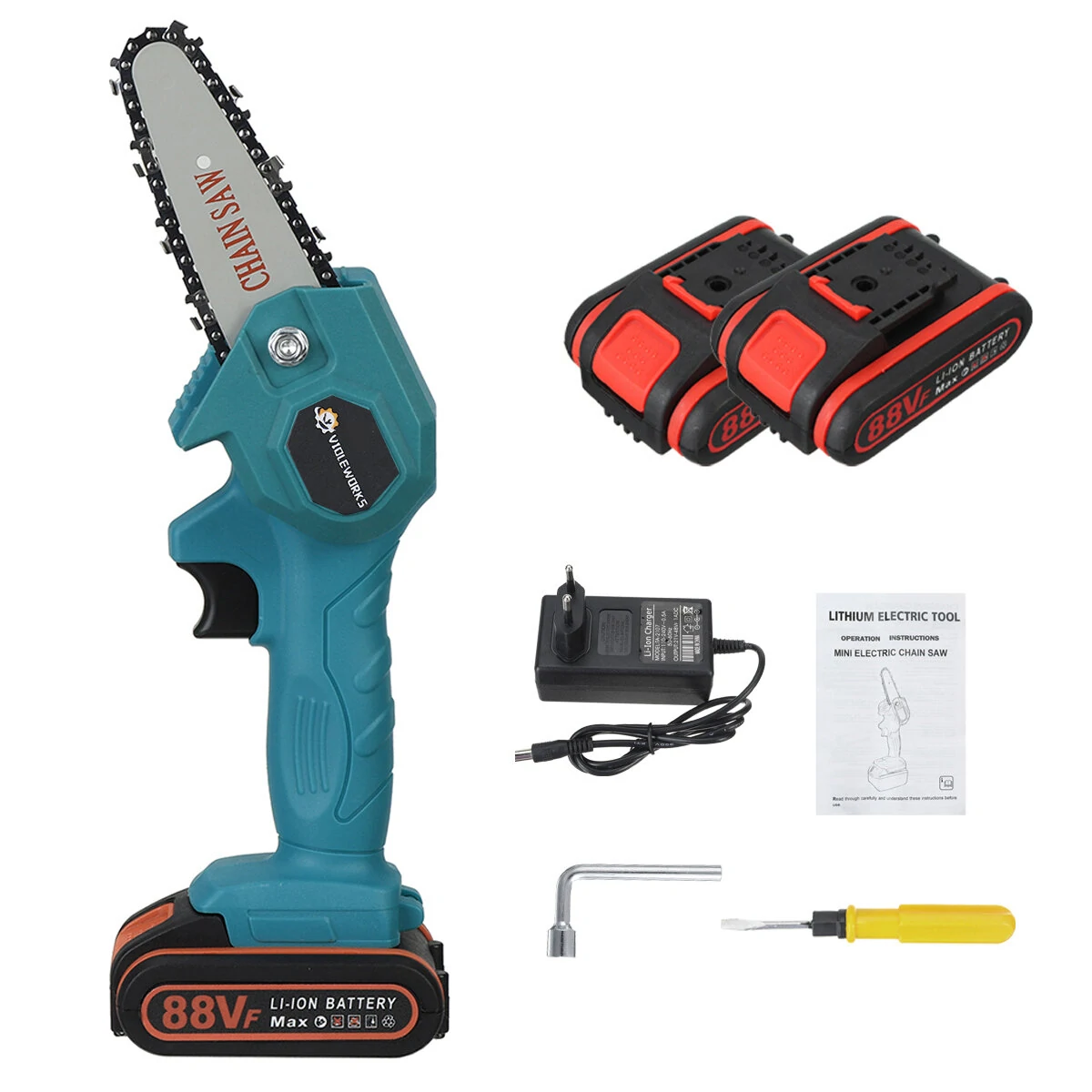 VIOLEWORKS 21V Cordless One-Hand Saw - 4 Inch Chain Saw w/ Battery Kit