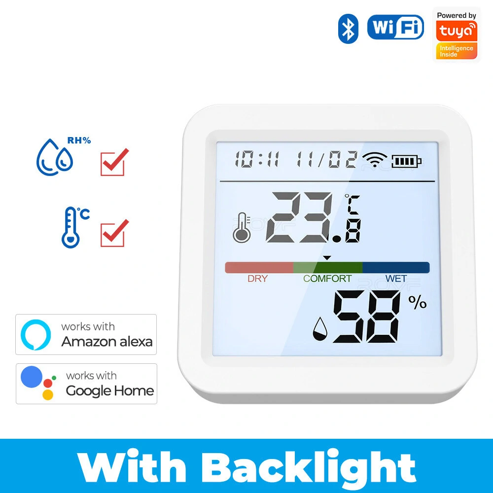 Smart Wifi Temperature Humidity Sensor with Backlight - Real-Time Monitoring, High Accuracy, Compatible with Alexa & Google Home