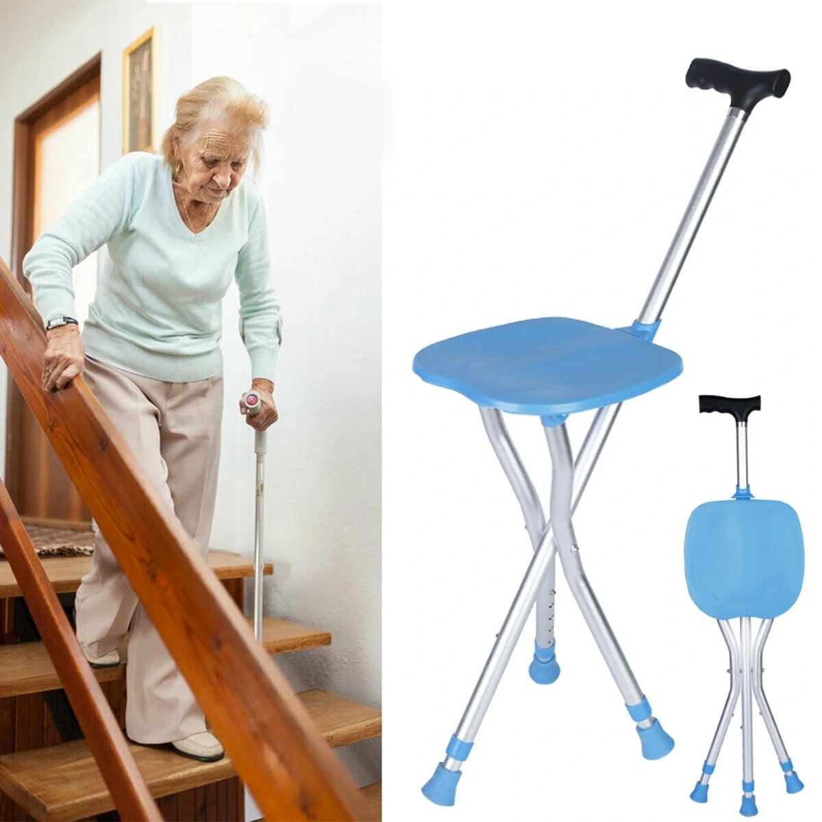 Portable Folding Cane Chair - Aluminium Tripod Hiking Stick with Seat | 200Kg