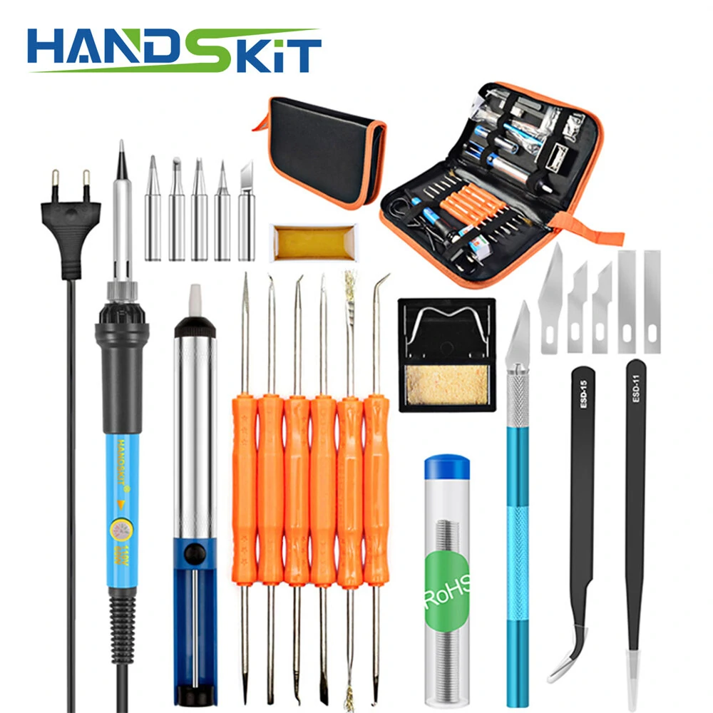 HANDSKIT 60W Adjustable Temperature Electric Soldering Iron Kit - 5 Tips & Tweezers
