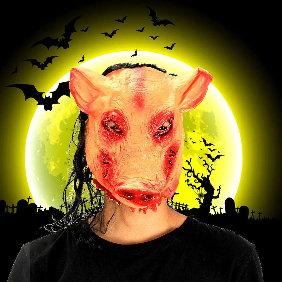 Scary Pig Head Mask With Hair - Latex Halloween Cosplay & Party Prop