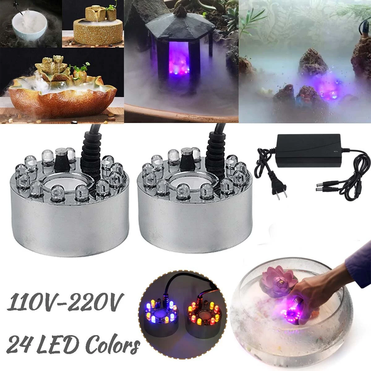 US Plug 24 LED Ultrasonic Nebulizer Mist Maker - Aquarium Water Fountain Decor