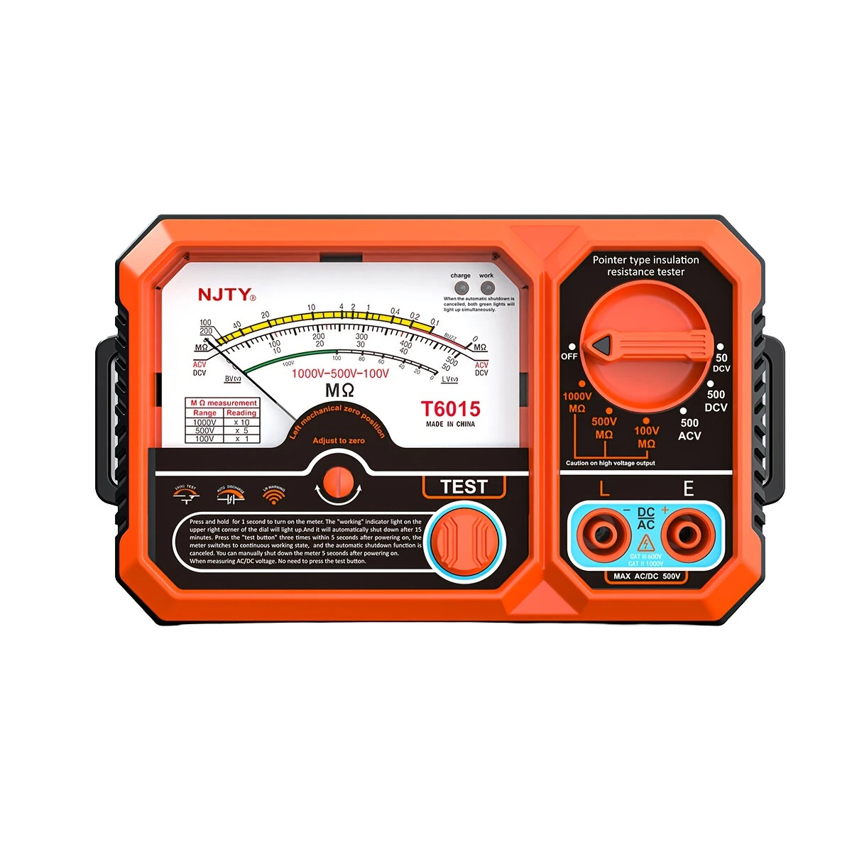 NJTY T6015 Insulation Resistance Tester - 1000V 2000MΩ Megohmmeter | Rechargeable Analog Meter with Magnetic Back