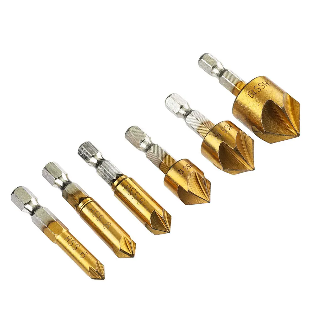 6pcs 6mm-19mm 5 Flute Countersink Drill Bit Set | 90 Degree Chamfer Cutter | 1/4 Inch Hex Shank