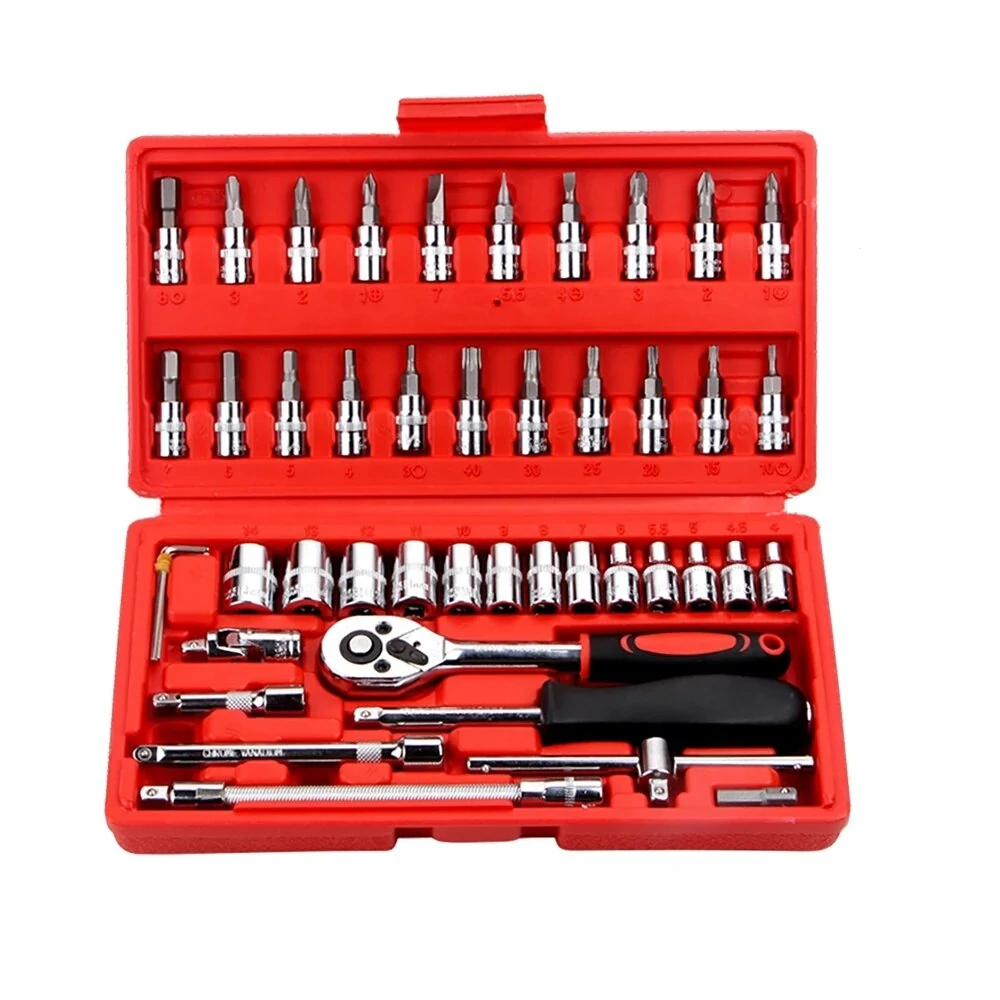 Chrome Vanadium Steel Socket Tool Set - 46-Piece Auto Repair Kit | Black/Red