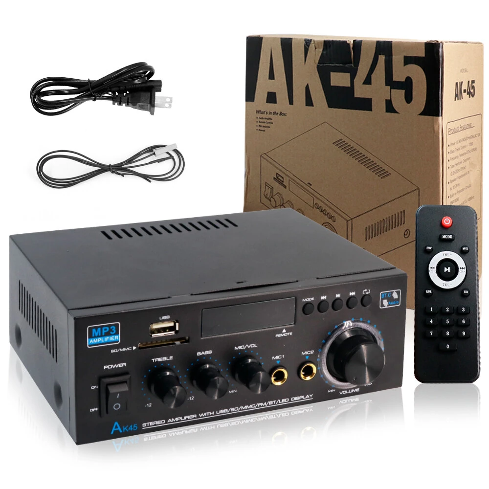 AK45 Stereo Amplifier | 2.0 Channel Bluetooth FM Radio | USB SD Card Bass Treble